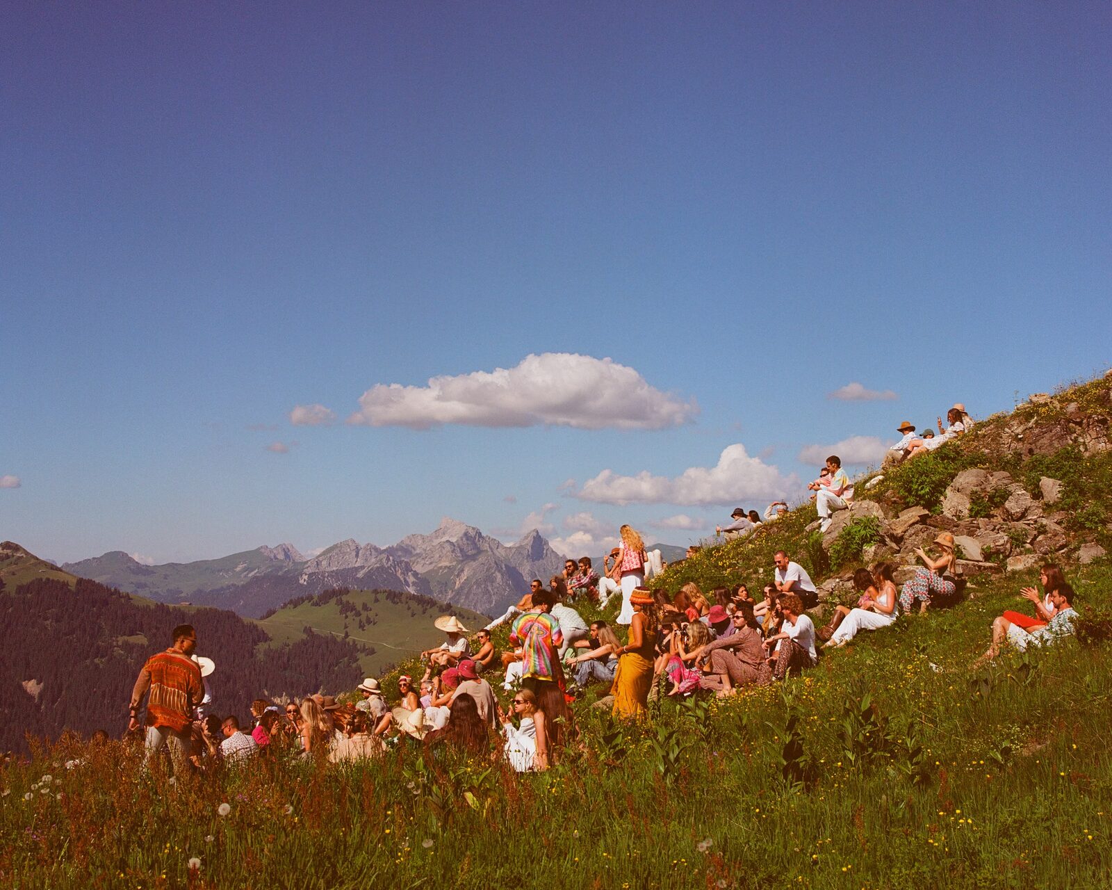 Guests gathered on an alpine meadow at sunset